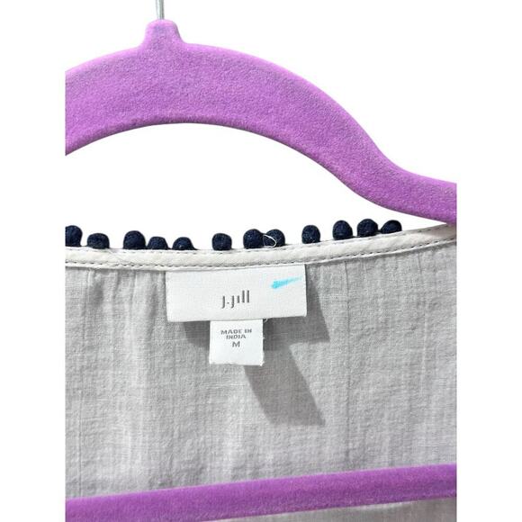 J. Jill Women's White Gauze Blue Pom Pom Tassel Button Semi-Sheer Blouse Size M - Picture 6 of 8